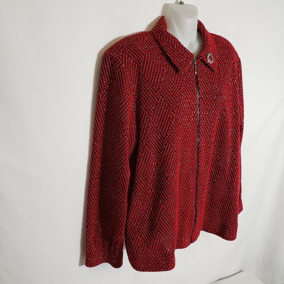 Alfred Dunner Womens Full Zip Jacket Size 10 Red Metallic Silver Lined Pockets - Picture 6 of 8